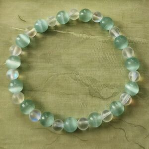 Handmade Green Cat's and Iridescent Beaded Bracelet